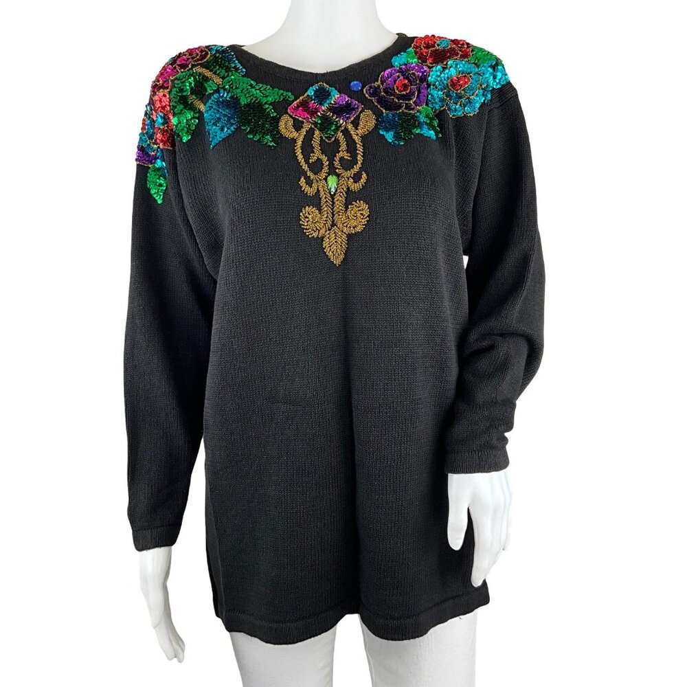 Trimmings Women's Sweater Floral Glam Retro 1980s Sequin Black Sz M Pre-Owned